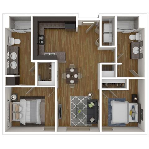 Floor plan for 2 beds, 2 baths, 907 sqft